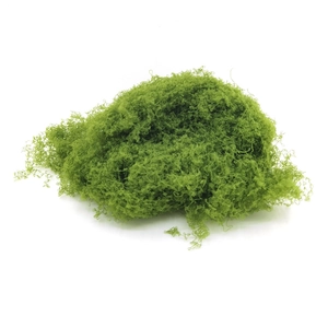 Primo piano di muschio verde artificiale con trama fibrosa per decorazioni floreali DIY