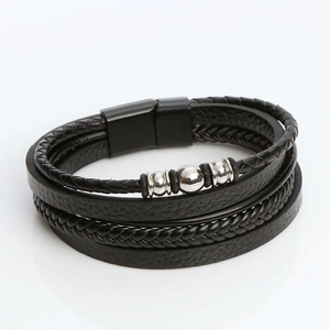 Black multilayer braided leather bracelet with silver metal beads and magnetic clasp