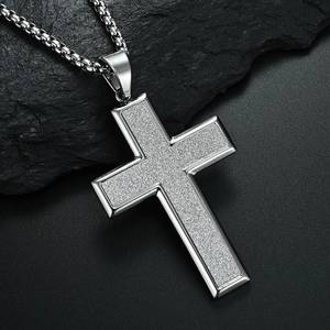 Minimalist large titanium steel cross necklace with matte texture on a box chain