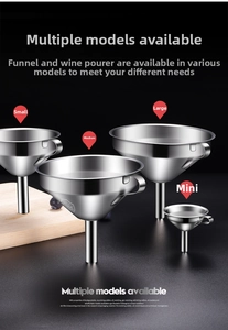 Set of four 304 stainless steel kitchen funnels with handles in multiple sizes