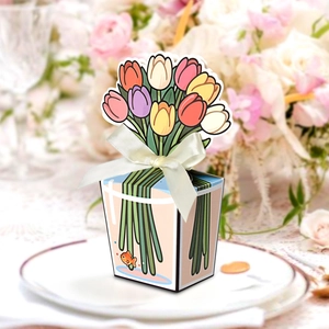 3D tulip illustration paper gift box with cream ribbon bow for romantic party favors