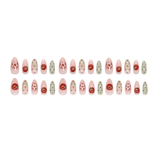 Pink gradient press on nails with red polka dots, strawberry art, and 3D silver stars