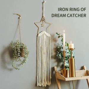 Bohemian gold star-shaped iron ring dream catcher with long beige tassels for home decor