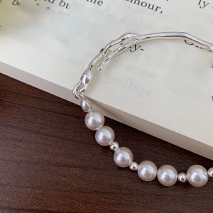 925 Sterling Silver Artificial Pearl Bracelet With Irregular Wavy Geometric Metal Bar Minimalist Elegant Jewelry For Women