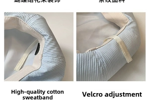 Detail of light blue beret featuring adjustable velcro strap and premium cotton sweatband