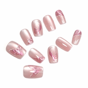 Pink mermaid tail press-on nails with cat-eye effect and glitter wing details, 10-piece set
