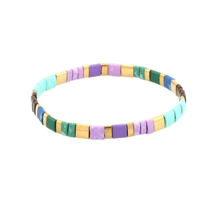 Colorful Bohemian Tila square bead elastic bracelet with enamel finish and gold accents