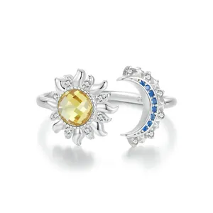 925 Sterling Silver Sun Moon Open Ring For Women Yellow Glass Blue White Cubic Zirconia Adjustable Band Elegant Jewelry