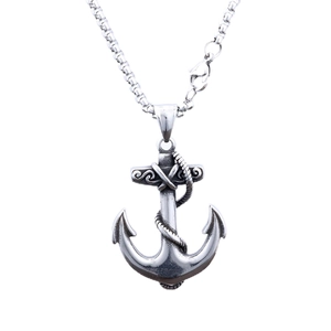 Vintage stainless steel anchor pendant necklace with rope detail on a heavy link chain