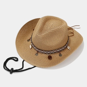 Cappello da cowboy in paglia etnica con nastro geometrico conchiglie e sottogola