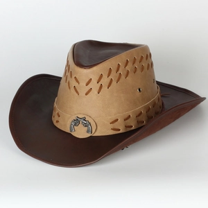 Retro Western Cowboy Hat Two Tone Synthetic Leather With Metal Badge Wide Brim Outdoor Travel Unisex