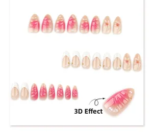 Close-up of 3D embossed almond press-on nails with pink gradient and pearl accents