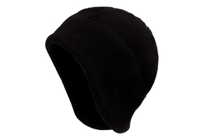Detail of black fleece winter hat with ear flaps for cycling and skiing insulation