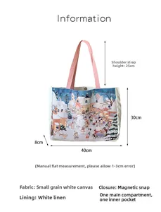 Tableau des tailles du sac cabas en toile avec motif d'hiver et anses roses