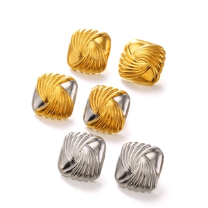 Square knot stud earrings in gold, silver, and two-tone finishes on a white background