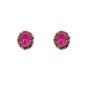 Vintage oval rose red crystal flower earrings with colorful bead accents on white background