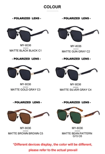Detailed grid of polarized square sunglasses available in various matte and metallic frames