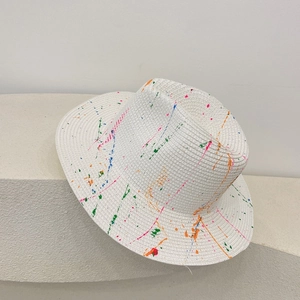 Hand Painted Graffiti Straw Fedora Hat For Women Summer Wide Brim Sun Hat Artistic Breathable Woven Jazz Hat Casual Style