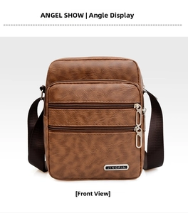 Close-up of brown PU leather men's shoulder bag with pebble texture and dual zippers