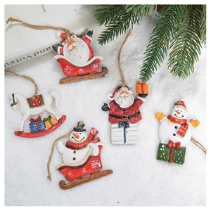 Retro Christmas tree ornaments featuring Santa, snowman and sleigh on white snow background