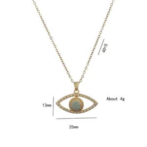 Golden evil eye pendant necklace with white zircons and turquoise stone 40+5cm