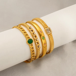 Set of four gold-plated titanium steel bracelets with colorful crystals and gemstones
