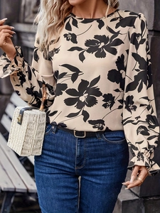 Chemisier à fleurs dos nu à nouer avec manches longues et jean décontracté pour femme