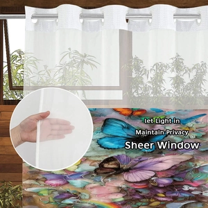 Detail of colorful butterfly print on semi-transparent sheer curtain with silver grommets