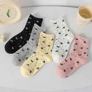 Pack of 5 cotton blend mid-calf socks with bowknot dot patterns in assorted colors