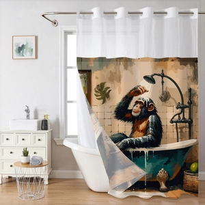 Waterproof double-layer shower curtain with artistic gorilla print and plastic ring holes