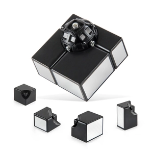 Internal core structure and silver brushed 2x2 mirror cube parts on white backdrop
