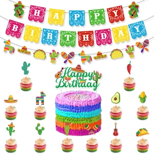 Detailed Mexican Fiesta party set with Happy Birthday banner and colorful cake toppers