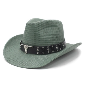 Sage green woven western cowboy hat with studded leather band and steer head emblem