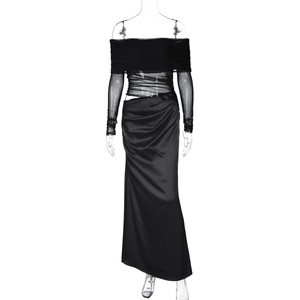 Detail view of black off-shoulder dress with mesh sleeves and high slit on a ghost mannequin
