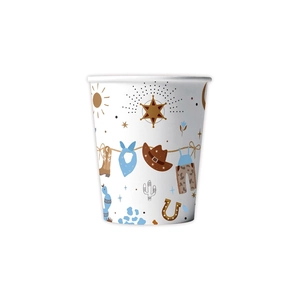 Western cowboy themed disposable paper cups featuring boots and hat illustrations for parties