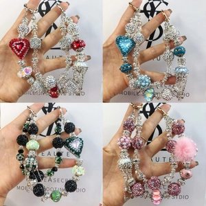 Handmade beaded phone strap set with luxury crystal beads and heart charms in four colors