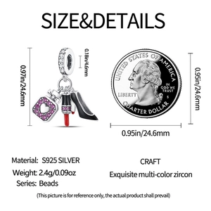 S925 silver charm with pink perfume bottle, red lipstick and black high heel pendants