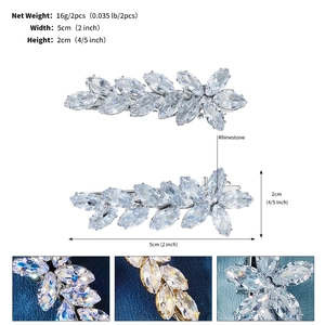 Macro detail of rhinestone leaf hair clip showing 5cm width and crystal craftsmanship