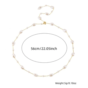 Elegant gold chain necklace with irregular pearls and measurement details shown on white background
