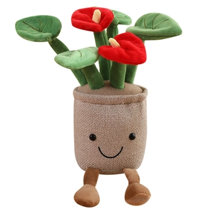 Creative plush Anthurium plant toy with smiling face pot and heart-shaped flower