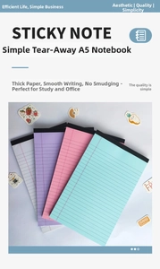 Detail of A5 tear-off notepad with thick lined paper in pink, purple, teal and white colors