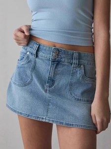 Slim fit high waisted light blue denim mini skirt with double button closure and side pockets