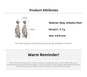 Detailed view of silver petal drop earrings with grey pearls showing size 4.8x0.5cm