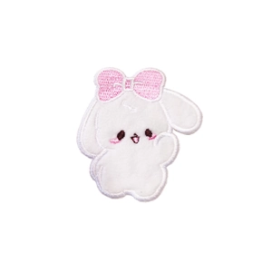Cute white cartoon rabbit embroidery patch with pink bow for DIY phone case decoration