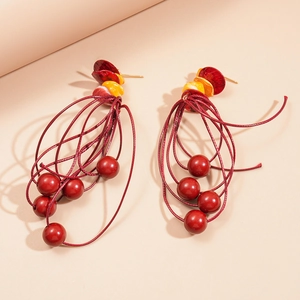 Bohemian multilayer red circular fringe earrings with beads and shell accents