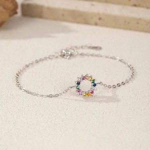 S925 sterling silver bracelet featuring a circular pendant with colorful zircon stones