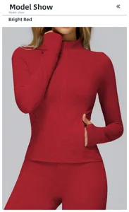 Close-up of red slim fit athletic jacket with thumbhole sleeves and zipper stand collar