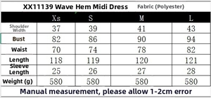 Size chart for fit-and-flare midi dress with polyester fabric and measurement details
