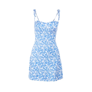 Elegant slim fit floral mini dress with blue and white print and ribbon straps