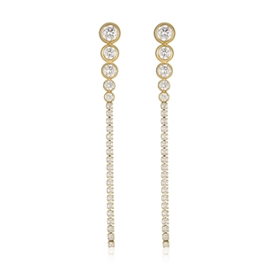 Elegant gold-plated long tassel earrings with sparkling round-cut cubic zirconia stones